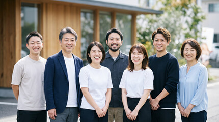 Obraz premium 工務店やクリエイティブ系会社の前で笑顔で並ぶ経営者とスタッフ一同
