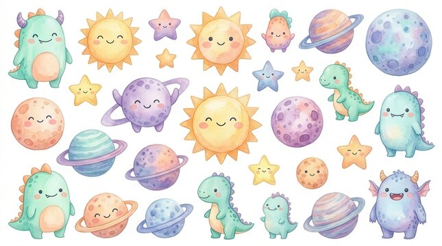 Whimsical watercolor cartoon monster collection isolated on white background.