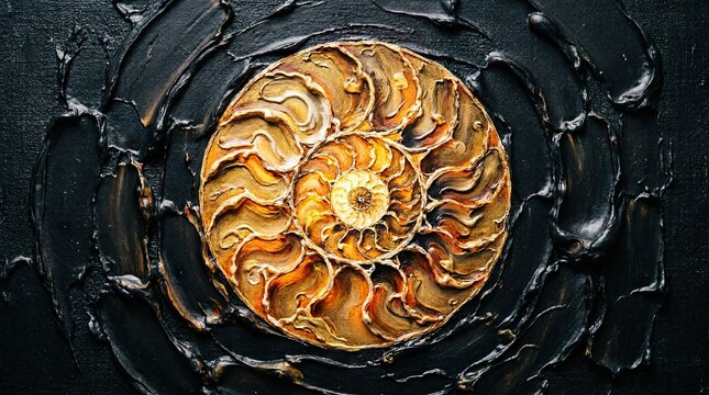 Fossilized ammonite shell spiral on dark textured background
