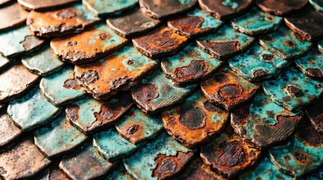 Weathered rusted teal and orange scale pattern texture

