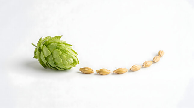 Fresh green hop cones and golden barley grains: a minimalist composition, isolated against a white background. Created using AI.