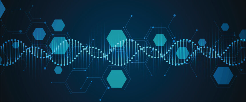Futuristic hexagons, DNA strands, connected neural web