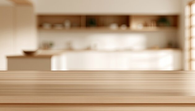Softly lit, out-of-focus modern kitchen with wooden countertop foreground