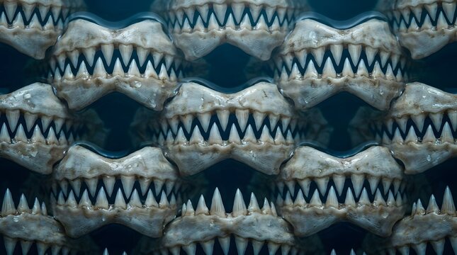 A Repeating Pattern Of Ferocious Predator Jaws Filled With Many Sharp Teeth Creating An Intimidating Texture Of Danger That Represents The Natural Instinct To Hunt And Kill In Deep Dark Water