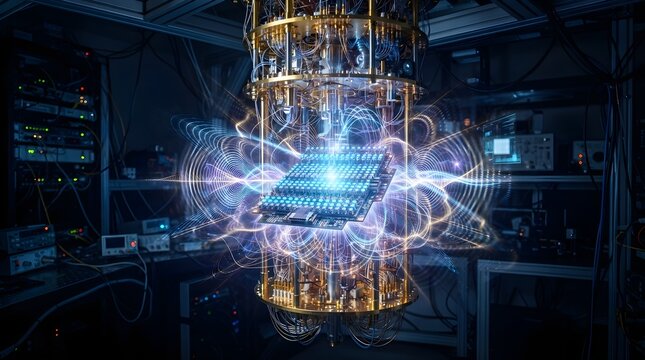 Quantum Computer in Cryogenic Chamber with Glowing Energy Flow, Advanced Processor Visualization, Futuristic Data Systems and Modern Laboratory Technology Environment