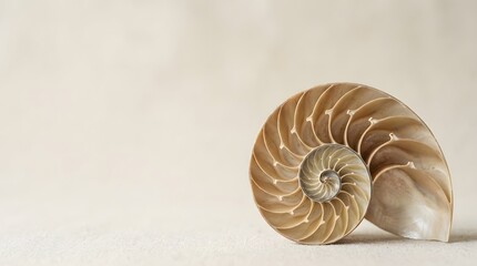 Natural nautilus seashell showing the golden ratio spiral pattern for mathematics and geometry concepts related to marine biology and ocean life studies in a calm environment for coastal decor