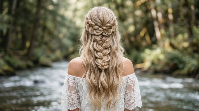 Blond hair featuring a detailed braiding hairstyle for a bohemian bridal look in nature.