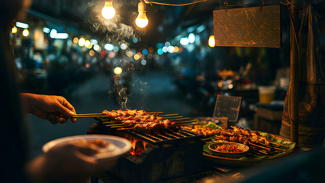 Street vendor grilling meat skewers at a nighttime market