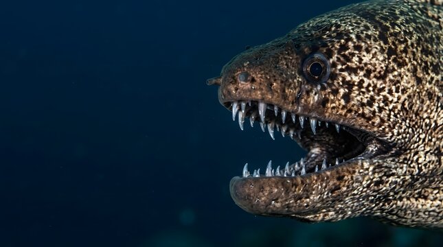 A large moray eel swims through the deep ocean water with its sharp teeth visible as it hunts for prey in the dark aquatic environment where marine predators navigate between the coral reef