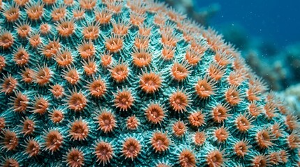 Obraz premium Vibrant orange coral polyps thriving under deep tropical ocean waters showing marine life ecosystem biodiversity patterns on a natural reef habitat growing steadily within the vast underwater