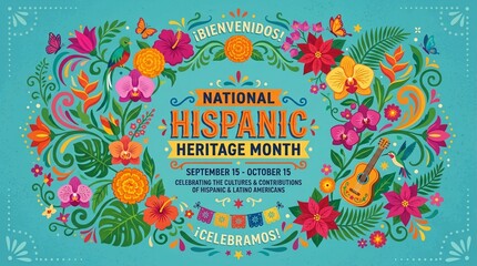 Naklejka premium Banner festivo del Mes de la Herencia Hispana con flores tropicales, quetzal, guitarra y elementos folclóricos tradicionales.