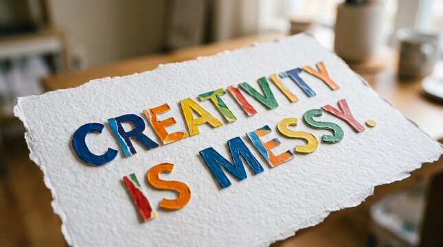 Frase motivacional de creatividad con letras coloridas de papel rasgado sobre fondo texturizado artesanal.