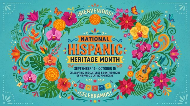 Banner festivo del Mes de la Herencia Hispana con flores tropicales, quetzal, guitarra y elementos folcl&oacute;ricos tradicionales.