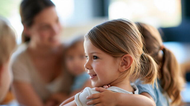 rear view of a caregiver interacting warmly with children in a bright setting, backs to camera, positive relationship concept, care, connection, bright, with copy space