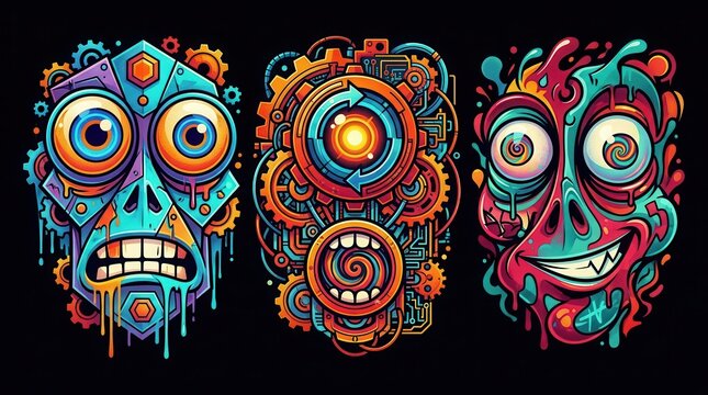 Colorful cartoon character alien faces rendered in an abstract modern contemporary art illustration.