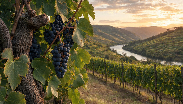 Ripe grapes hanging on vine at sunset with river and terraced hills in background