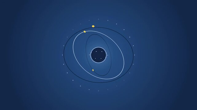 Abstract animated gimbal rings turning on their axes drawn as blue and cyan lines and shapes on a deep dark background. Seamless looping 4K motion graphics video with free space for text, ideal for ti