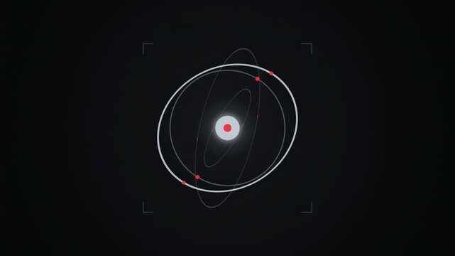 Abstract animated nested gyroscope rings holding balance drawn as cool blue-white lines and shapes on a deep dark background. Seamless looping 4K motion graphics video with free space for text, ideal 