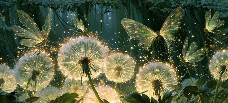 Shimmering wings of tiny forest sprites catch golden hour light amid dandelions, emerald canopy above, floating sparkles, soft glowing scene