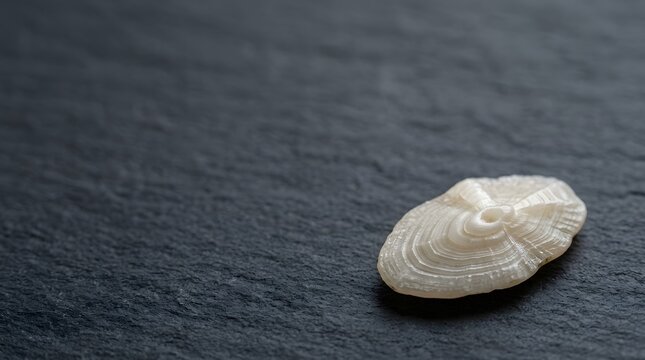 Small Natural Sea Shell Resting Upon A Textured Dark Grey Stone Surface Creating A High Contrast Visual Display For Nautical Themes And Marine Biology Displays That Require Professional Visual