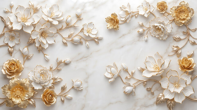 White and gold floral bas-relief pattern on white marble
