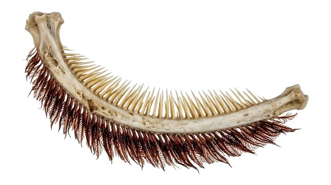 Natural Whale Baleen Filter Feeding System Attached To A Curved Bone Fragment Used For Filtering Small Prey From Ocean Water In The Deep Marine Environment Showing Biological Structure And