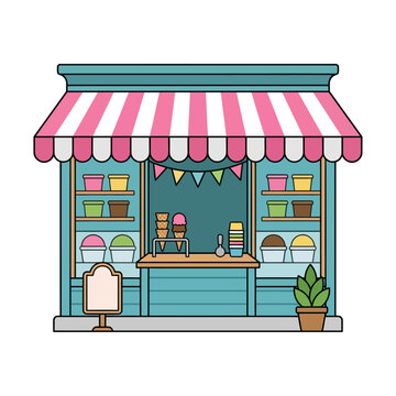 Colorful Ice Cream Parlor Shop Front Illustration with Striped Awning and Sweet Frozen Treats