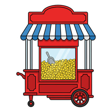 Red Vintage Style Popcorn Cart Illustration for Carnival and Cinema Events