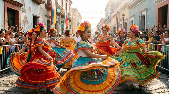 Mujeres bailando danza folcl&oacute;rica mexicana con vestidos tradicionales coloridos en un desfile callejero del Mes de la Herencia Hispana.