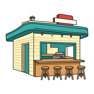 Vintage Style Retro Diner Kiosk with Bar Seating and Exterior Counter Serving Station