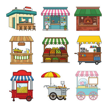 Collection of Colorful Street Food Kiosk and Market Stall Illustrations for City Market Design