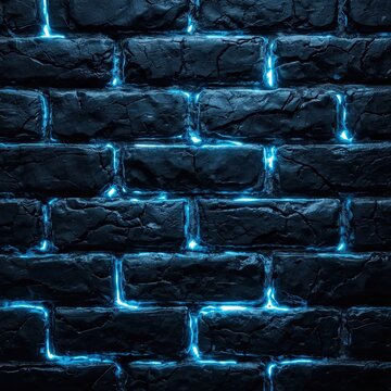 
Glowing blue neon brick wall in darkness
