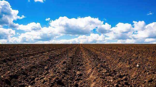 Landscape of a cultivated field with rich dark dirt beneath a bright cloudy sky.