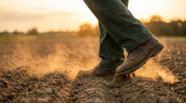 The movement of an old farmer walking through soil in a field.