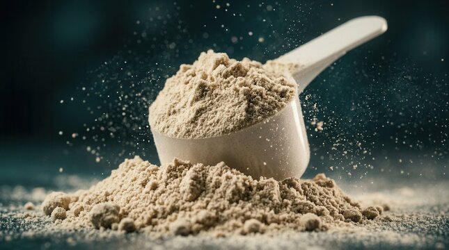 Protein powder scoop sitting on a mound of whey protein powder for sports nutrition.