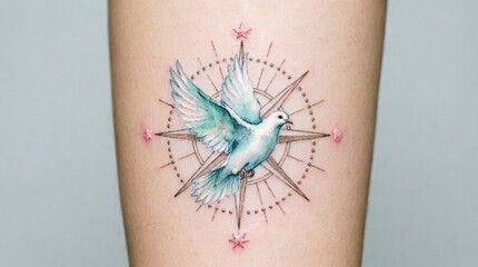Naklejka premium Colorful hummingbird tattoo surrounded by compass geometry 
