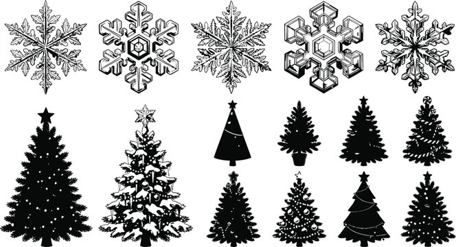 Vintage style collection of snowflakes and pine trees in black and white