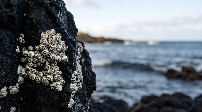 Natural cluster of barnacles attached to dark volcanic rock surface along the wild ocean coastline where saltwater waves crash against rugged shoreline stones during a calm summer afternoon