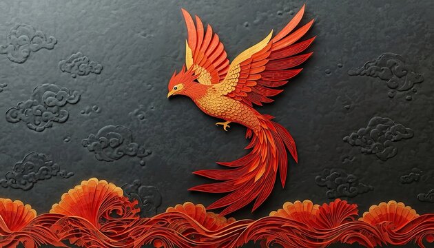 Paper art phoenix flying over ocean waves