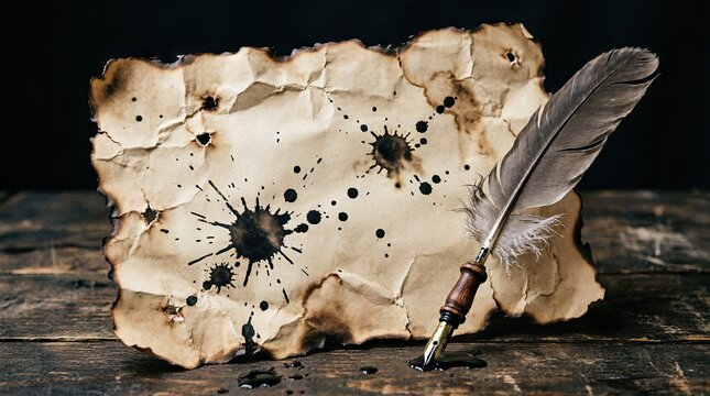 Feather quill on burnt ink-splattered paper