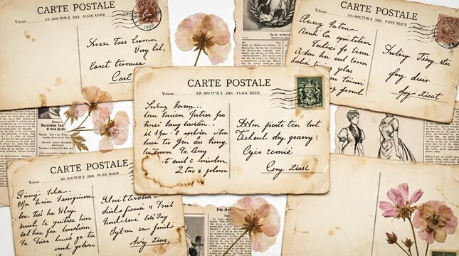 Vintage postcards collage with flowers and stamps