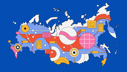 Naklejka premium Abstract Digital Network Map of Russia, Connectivity and Technology Concept