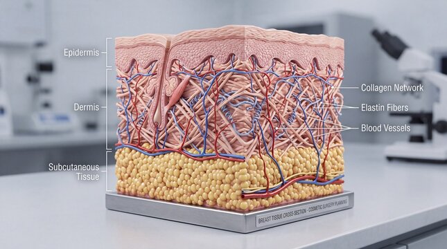 Cross section of human breast skin showing epidermis, dermis, subcutaneous tissue, collagen network, elastin fibers, and blood vessels in medical laboratory setting