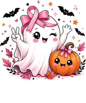 Cute Ghost and Smiling Pumpkin with Pink Breast Cancer Awareness Ribbon Halloween Illustration