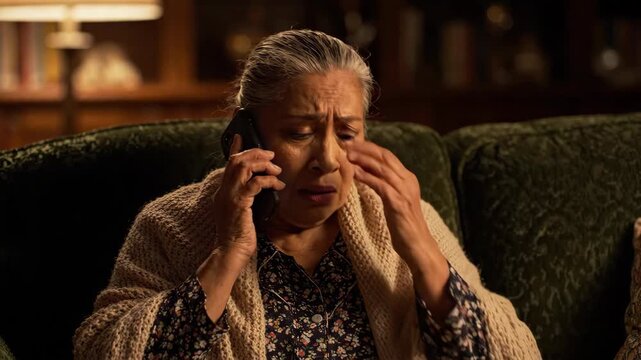 Elderly woman phone call worried expression in living room with stress anxiety and concern at night on sofa
