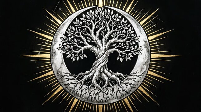 Silver tree of life inside crescent moon with golden rays
