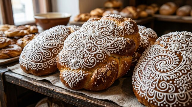 Pan dulce artesanal decorado con glaseado blanco tradicional en panader&iacute;a r&uacute;stica durante celebraciones culturales.