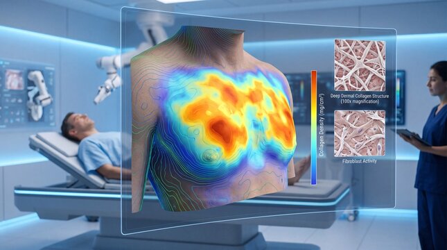 Breast tissue collagen network medical scan heatmap collagen density fibroblast activity hospital advanced technology healthcare patient doctor clinical research