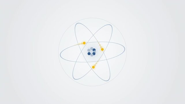 Abstract animated electron shells orbiting a nucleus drawn as yellow and gold lines and shapes on a bright, clean light background. Seamless looping 4K motion graphics video with free space for text, 