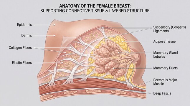 Cross section of female breast showing epidermis dermis collagen fibers elastin fibers suspensory ligaments adipose tissue mammary gland lobules mammary ducts pectoralis major muscle and deep